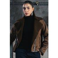 Zafosh Women's Faux Suede Biker Jacket - Lapel Collar & Zip Closure in Dark Brown | Size: Small