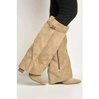 Miss Diva Women's Ayla Block Heel Pointy Toe Collared Faux Suede Clasp Detail Calfboots in Taupe | Size: 4