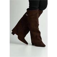 Miss Diva Women's Ayla Block Heel Pointy Toe Collared Faux Suede Clasp Detail Calfboots in Chocolate | Size: 7
