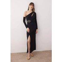 WOVCOR Women's Knit Maxi Evening Dress with Cut Out & Accessory Detail in Black | Size: 8