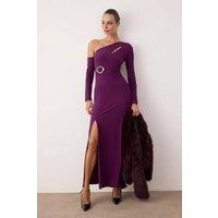 WOVCOR Women's Knit Maxi Evening Dress with Cut Out & Accessory Detail in Plum | Size: 6