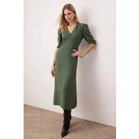 WOVCOR Women's Midi Woven Dress with Gathered Sleeves in Khaki | Size: 8