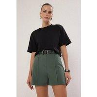 WOVCOR Women's High Waist Woven Shorts with Seam Detail in Green | Size: 10
