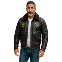 Infinity Leather Men's Flying Leather Bomber Sheepskin Collar G-1 Aviator Jacket - Roma in Black | Size: 2XL