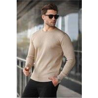 WOVCOR Men's Crew Neck Vertical Striped Long Sleeve Jumper in Light Brown | Size: Small