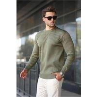 WOVCOR Men's Crew Neck Vertical Striped Long Sleeve Jumper in Khaki | Size: Large
