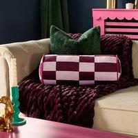 OHS Checkerboard Matte Velvet Bolster Pillow Soft Cylindrical Cushion in Burgundy