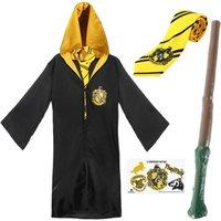 I Love Fancy Dress Harry Potter Costume - Hufflepuff Cloak, Tie, Tattoos & Wand
