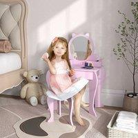 ZONEKIZ Dressing Table with Mirror & Stool, Drawer, Storage Boxes, Cat Design in Pink