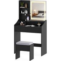 Costway Wooden Vanity Desk Set w/ Mirror & Lights Makeup Table w/Storage Stool in Black