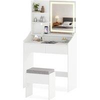 Costway Wooden Vanity Desk Set w/ Mirror & Lights Makeup Table w/Storage Stool in White