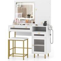 Costway Vanity Set Dressing Table & Chair Set w/3 Lighting Modes & Cabinet in White