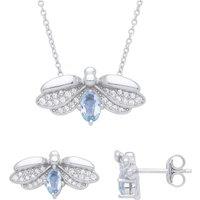 Jewelco London Women's Silver Blue CZ Firefly Flying Beetle Wings Earrings Necklace Set