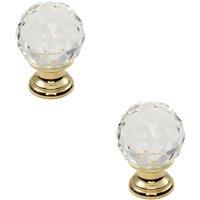 Loops 2x Faceted Crystal Cupboard Door Knob 40mm Dia Polished Brass Cabinet Handle in Metallics