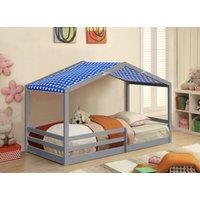Comfy Living Ltd 3ft Wooden House Bed With Blue Tent in Grey | Size: Single