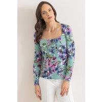 Klass. Women's Floral Print Square Neck Top With Necklace in Green | Size: XL