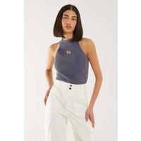 Pink Vanilla Women's High Neck Logo Detail Racer Top in Navy | Size: S/M