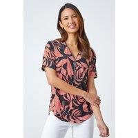Roman Women's Leaf Print Zip Detail V-Neck Stretch Top in Orange | Size: 12
