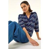 Roman Women's Stripe Wave Knit Polo Top in Navy | Size: 14