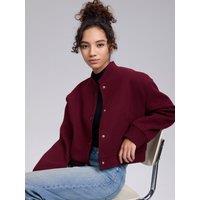 OUTTA BOX Women's Short Woolen Bomber Jaket Long Sleeve Outerwear for Fall in Dark Red | Size: Small