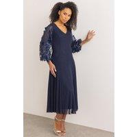 Klass. Women's Floral Applique Puff Sleeve Midaxi Mesh Dress in Navy | Size: 10