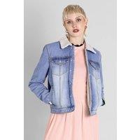 Enorsia Women's Borg Lined Regular Fit Denim Jacket in Light Blue | Size: 12