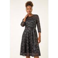 Roman Women's Metallic Lace Frill Sleeve Dress in Black | Size: 10
