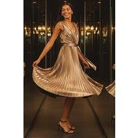 Roman Women's Metallic Pleat Belted Midi Dress in Gold | Size: 14