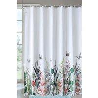 Neel Blue Wildflower Themed Shower Curtain with Hooks, Water Resistant Bathroom Curtains in White | Size: 180 cm width x 200 cm drop