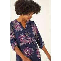 Roman Women's Floral Puff Print Stretch Shirt in Mid Navy | Size: 16