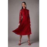 Coast Women's Long Sleeve Lace & Pleated Midi Shirt Dress in Red | Size: 12