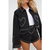 NastyGal Women's Heart Studded Cropped Denim Jacket in Washed Black | Size: 12