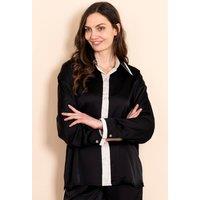 Sarta Women's Black Satin Long Sleeve Silky Blouse Stripe Trim | Size: Small