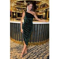 AX Paris Women's Green Velvet One Shoulder Asymmetric Hem Ruched Midi Dress | Size: 8