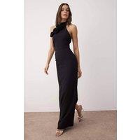 WOVCOR Women's Woven Maxi Elegant Evening Dress with Rose Detail in Black | Size: 14