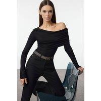 WOVCOR Women's Off-Shoulder Rib Knit Long Sleeve Top in Black | Size: XS
