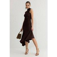 WOVCOR Women's High Neck Sleeveless Ruched Waist Asymmetric Hem Dress in Brown | Size: 10