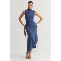 WOVCOR Women's High Neck Sleeveless Ruched Waist Asymmetric Hem Dress in Indigo | Size: 8