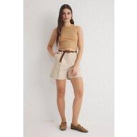 WOVCOR Women's High Waisted Belted Cotton Short in Beige | Size: 12