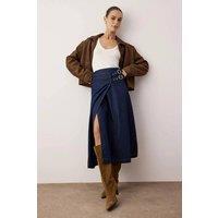 WOVCOR Women's Belted Midi Denim Skirt in Dark Blue | Size: 10