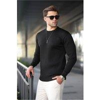 WOVCOR Men's Crew Neck Vertical Striped Long Sleeve Jumper in Black | Size: Medium