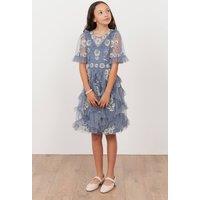 Maya Deluxe Girl's Flower Girl Embellished Midi Dress in Mid Blue | Size: 3-4 Years