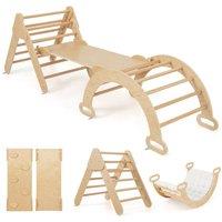 Gymax 3-in-1 Wooden Triangle Climber Set Climbing Toy With Soft Cushion in Natural