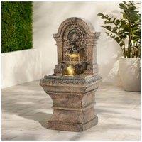 H&O Direct Lion Head Garden Decor Solar-Powered Water Fountain in Natural