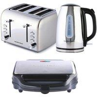 Hamilton Beach Rise Polished Kettle, 4 Slice Toaster & Sandwich Toaster Set - Silver