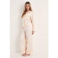 NastyGal Women's Satin Lace Detail Shirt & Trouser Pajama Set in Champagne | Size: Medium