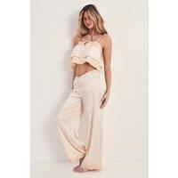 NastyGal Women's Satin Ruffle Lace Detail Trouser Pajama Set in Champagne | Size: Small