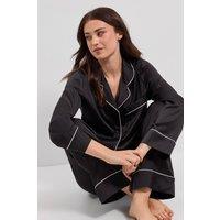 Dorothy Perkins Women's Satin Tipped Edge Long Sleeve Nightwear Set in Black | Size: Large