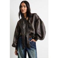 Warehouse Women's Printed Pussybow Tie Neck Blouson Sleeve Blouse in Animal | Size: 8