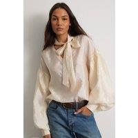 Warehouse Women's Pussybow Tie Neck Blouson Sleeve Blouse in Cream | Size: 12